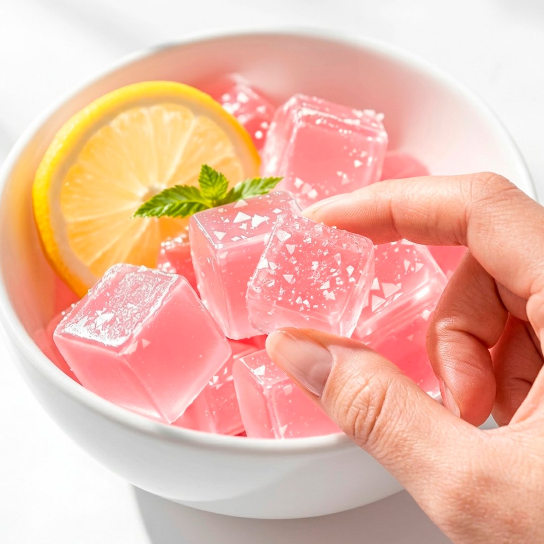 Pink translucent jelly cubes dusted with sea salt flakes in a white bowl with lemon slice and fresh mint